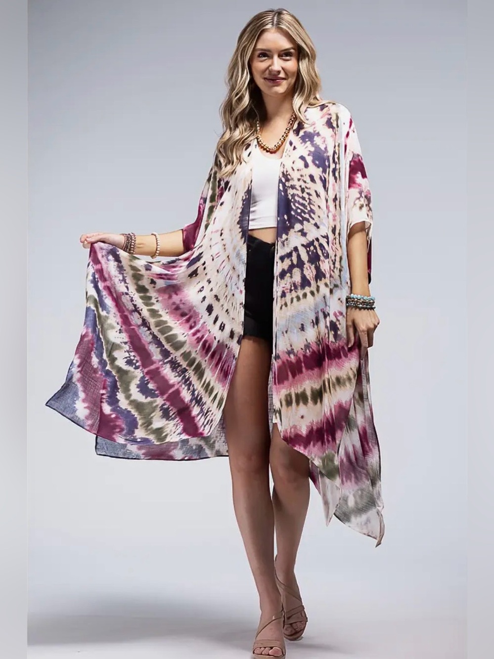 Maroon & Purple Multi Tie-Dye Kimono | Resort Cover Up | OSFM | New